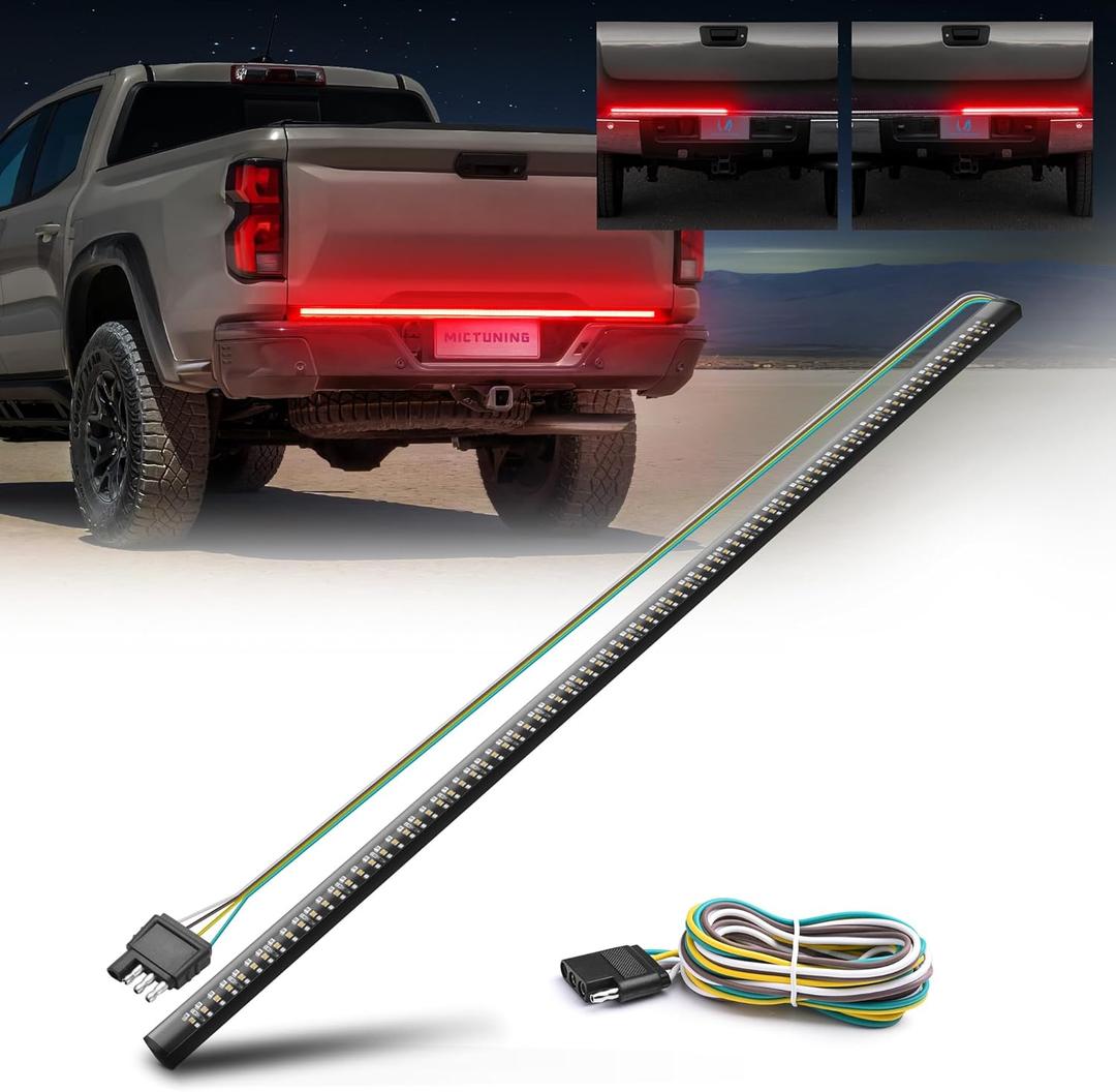 MICTUNING 60 inches Triple Row 504 LEDs Tailgate Strip Light Waterproof with 4-Way Flat Connector - 5 Functions Red Turn Signal, Brake, Running Light, White Reverse Lights (60"Red Turn Signal)