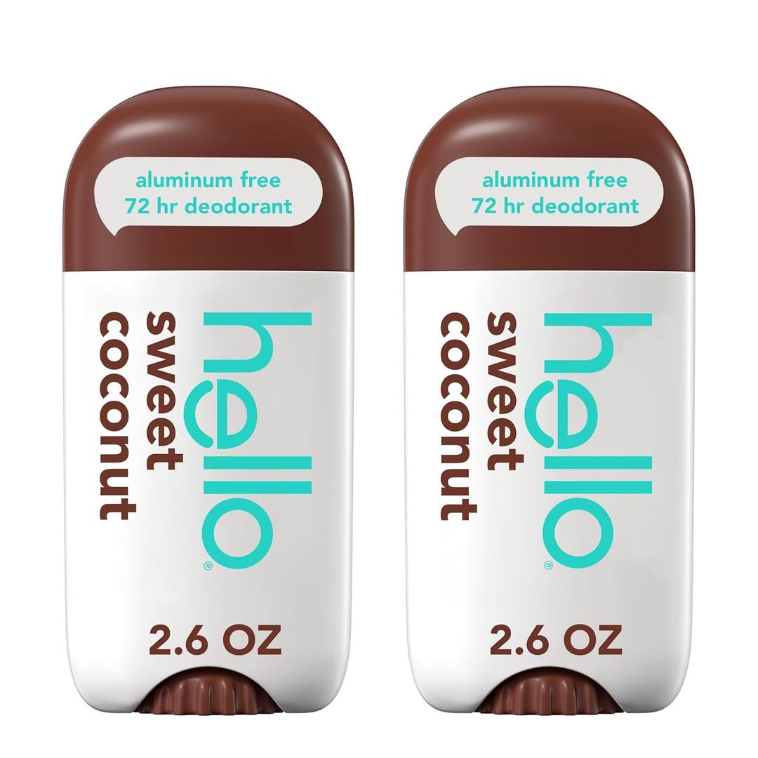 hello Sweet Coconut Aluminum Free Deodorant for Women and Men with Shea Butter, 24-Hour Freshness, Baking Soda Free Deodorant, Dermatologically Tested, 2.6 oz Stick (2 Pack)