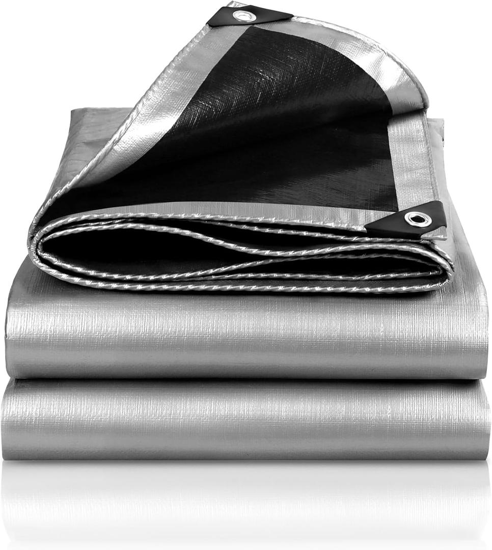 Heavy Duty Tarp 8' x 10', 12 Mil Thick Waterproof Poly Tarps, High Durability, Rip and Tear Resistant with Metal Grommets Every 20 Inches (Silver/Black)