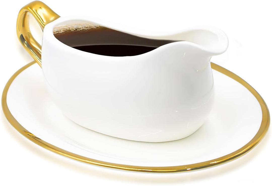 14 oz Gravy Boat with Tray, Ceramic Sauce Boat with Gold Trim Ergonomic Handle and Dripless Lip Spout for Salad Dressings, Creamer, Broth, Black Pepper, White