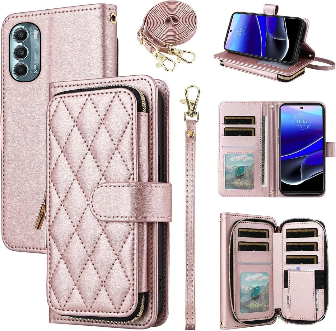 Argyle Wallet Case for Motorola Moto G31/G41 with Wrist Strap Shoulder Strap 9+ Card Slot Zipper Purse Luxury PU Leather Stand Checkered Cell Phone Cover for MotoG31 MotoG41 G 31 41 Rose Gold