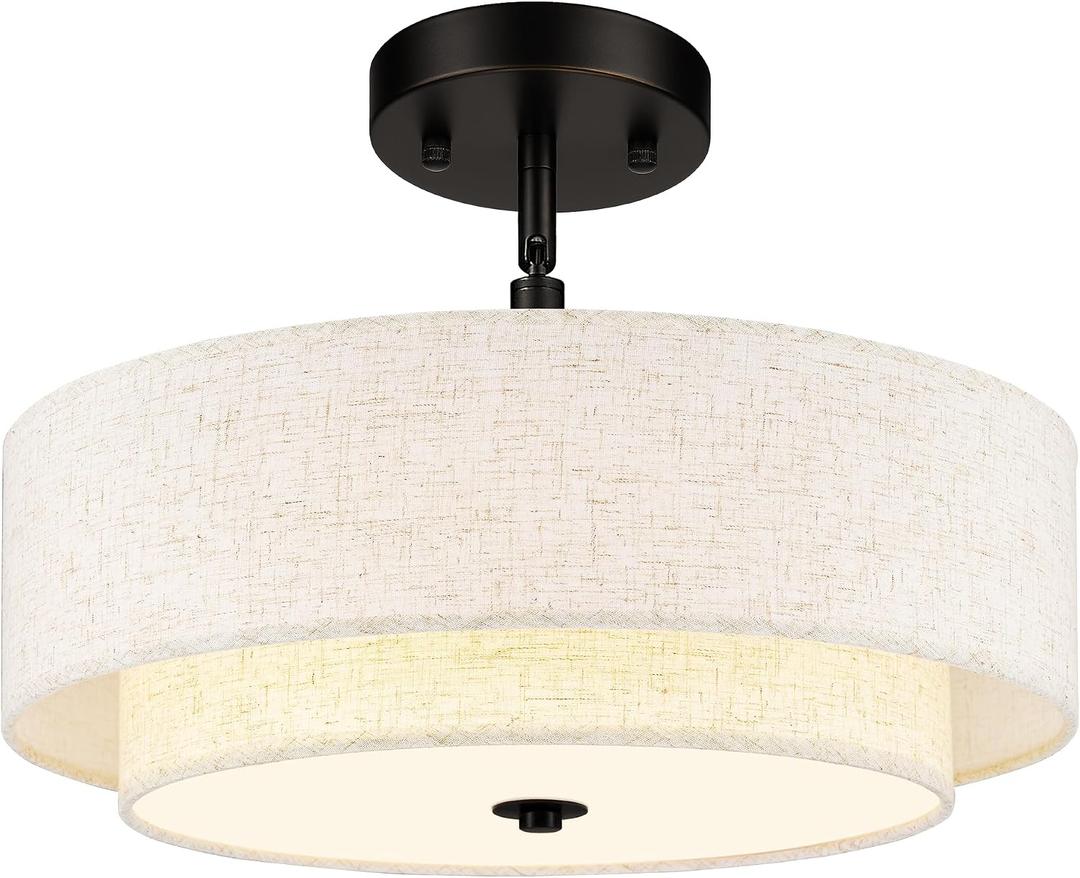 AUTELO Black Semi Flush Mount Ceiling Light, 3-Light 18" Flush Mount Ceiling Light in Black Finish with Drum Fabric Shade for Hallway Bedroom Kitchen, C2506 BK-18