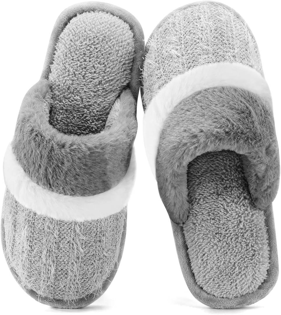 Cozy Slippers for Women Indoor and Outdoor Fuzzy House Shoes with Memory Foam Anti-Skid Sole Gifts for Women Mom Ladies (9-10 Women/7-8 Men, Light Grey)