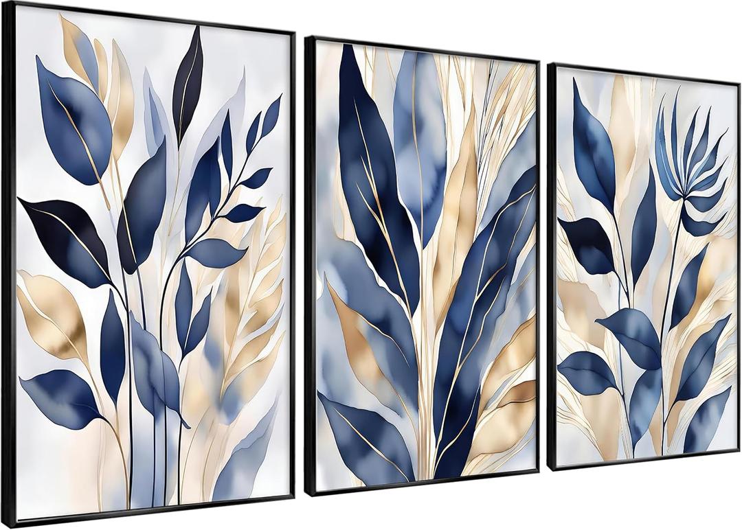 YOXORDQ 3Pcs Blue leaves Wall Art Abstract Blue Botanical Poster Prints Modern Minimalist Plant Canvas Picture for Living Room Bedroom Wall Decor 16x24in Unframed