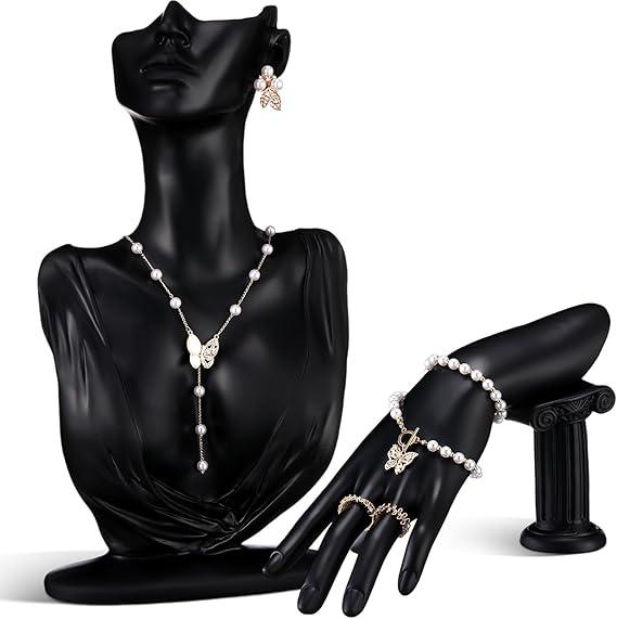 Yalikop 2 Pcs Jewelry Mannequin Display Set Necklace Bust Mannequin Earring Stand Hand Bracelet Ring Stand for Selling Show(Black)