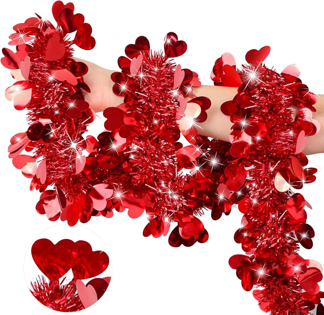 50 FT Red Valentines Day Decor Heart Tinsel Garland Valentines Day Decorations Metallic Glitter Hanging Garlands for Home Indoor Wedding Party Mantel Romantic Decor