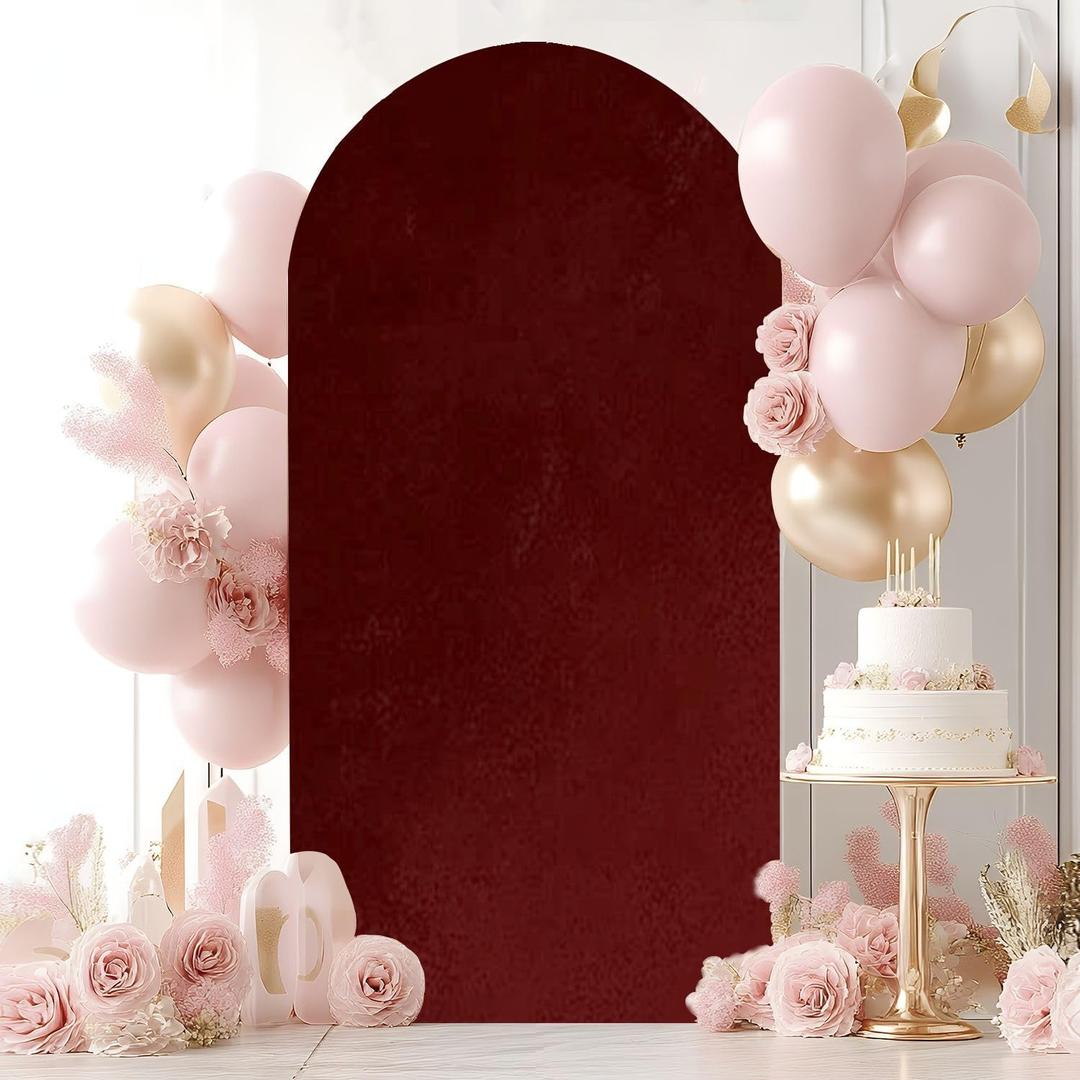 7.2FT Wedding Arch Backdrop Cover Burgundy Acrylic Watercolor Marble Shiny Spandex Fitted Round Top Backdrop Stand Cover for Birthday Party Ceremony Banquet Decoration