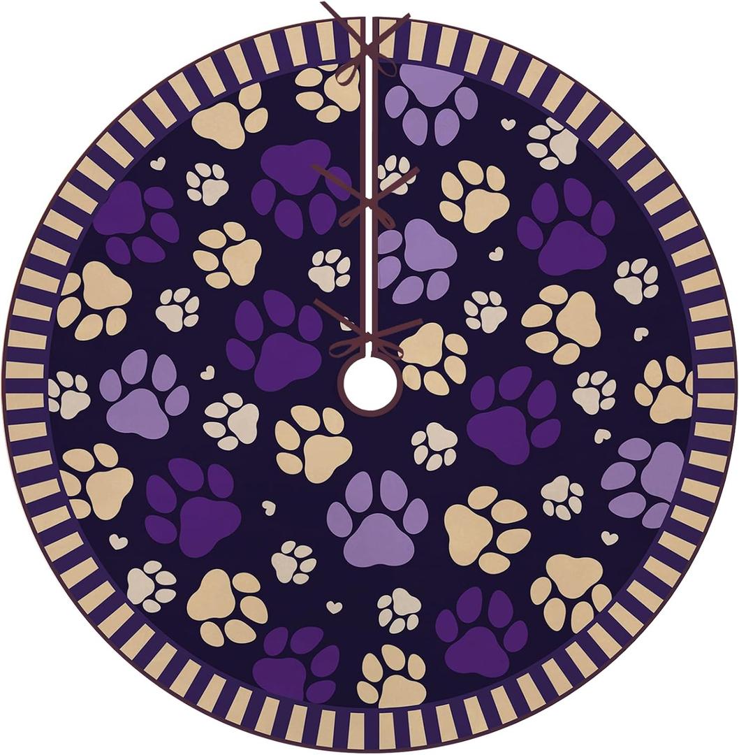 Dog Cat Paw Prints Purple Christmas Tree Skirt, 48 Inches Lace-up Xmas Tree Skirt, Winter Holiday Party Indoor Decoration Home Decor Pet Lover Gifts
