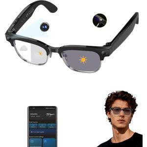 AI Smart Bluetooth Translator Glasses,Support 140+Languages Translation&Bluetooth Connection for Men and Women Travelling/Business/Sports (W630+Camera+Color Change Lenses+Silver)