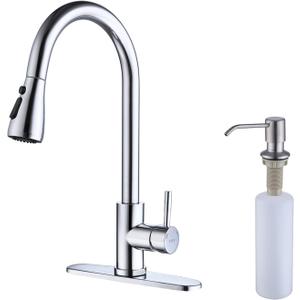 Keer Polished Chrome Single Handle Pull Down Kitchen Faucet with Soap Dispenser, 3 Modes Sprayer, Easy Assembly, Single Handle High Arc Stainless Steel Faucet