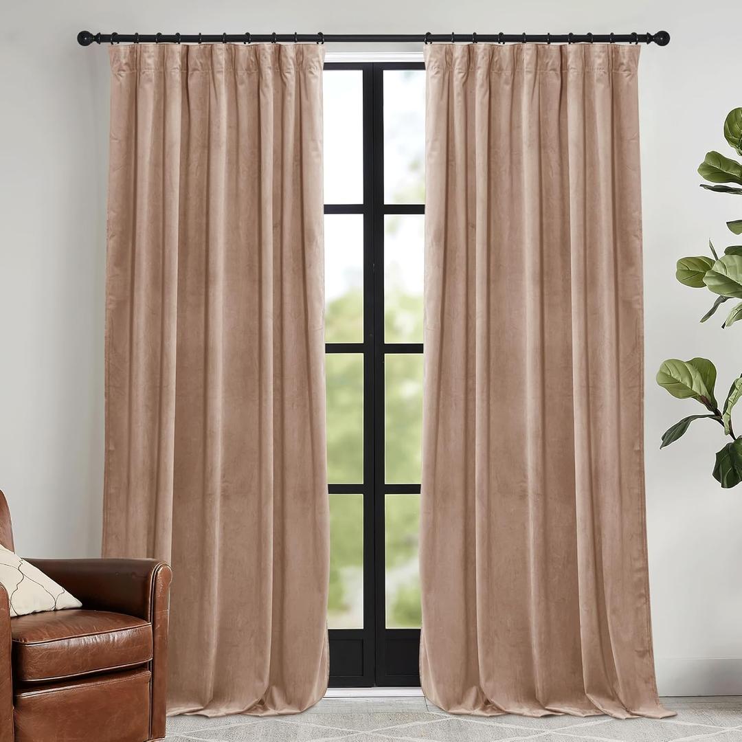 RYB HOME Back Tab Velvet Curtains with Hook Tape, Thermal Insulated Privacy Protect Decorative Drapes for Living Room Dining Room, Blush, W 52 x L 90 inches, 2 Panels Set