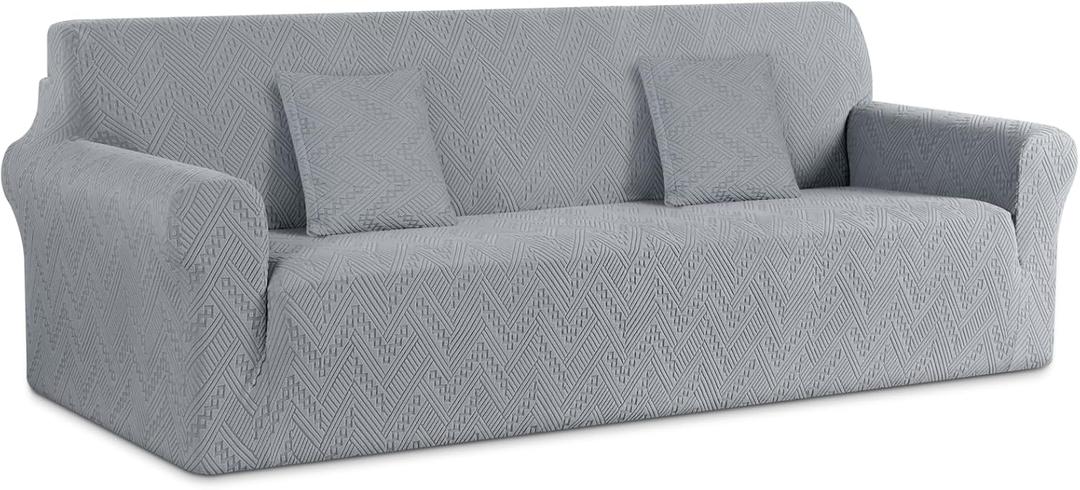 Ruaozz Stretch Sofa Cover 1 Piece Oversized Couch Cover Non Slip Extra Large Sofa Slipcover Soft Jacquard Furniture Protector with 2 pcs Throw Pillow Covers (4 Seater, Light Grey)