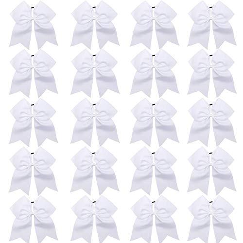 Hipcheer 20pcs 8" Large White Cheer Bows for Girls, Hand-made Grosgrain Ribbon Hair Accessories for Teen Girls Softball Cheerleader Sports (White)