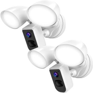 deerdance Smart Floodlight Camera Wired Outdoor Security Camera Flood Light with Motion Sensor 2200 lumens LEDs 1080P HD Live Video Night Vision, Built-in Siren, Two-Way Audio, White(2Pack)