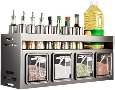 Kitchen Spice Rack, Kitchen Organizer and Storage Rack with 4 Spoons, Spice Organization for Cabinets Punch-free Wall/Countertop Home Decor Multifunctional Double Layer 4 Grid Condiment Rack, Gray