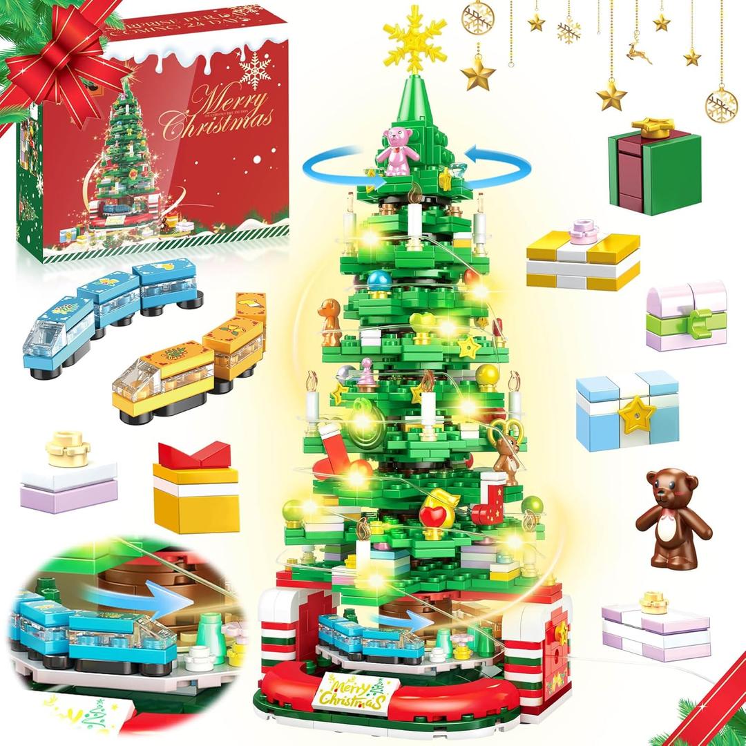 Christmas Tree Building Block with LED Light, Rotating Christmas Tree 2024 Building Set for Adults, Christmas Tree Building Kit Xmas Gift for Boys and Girls (Non-Advent Block) (Green)