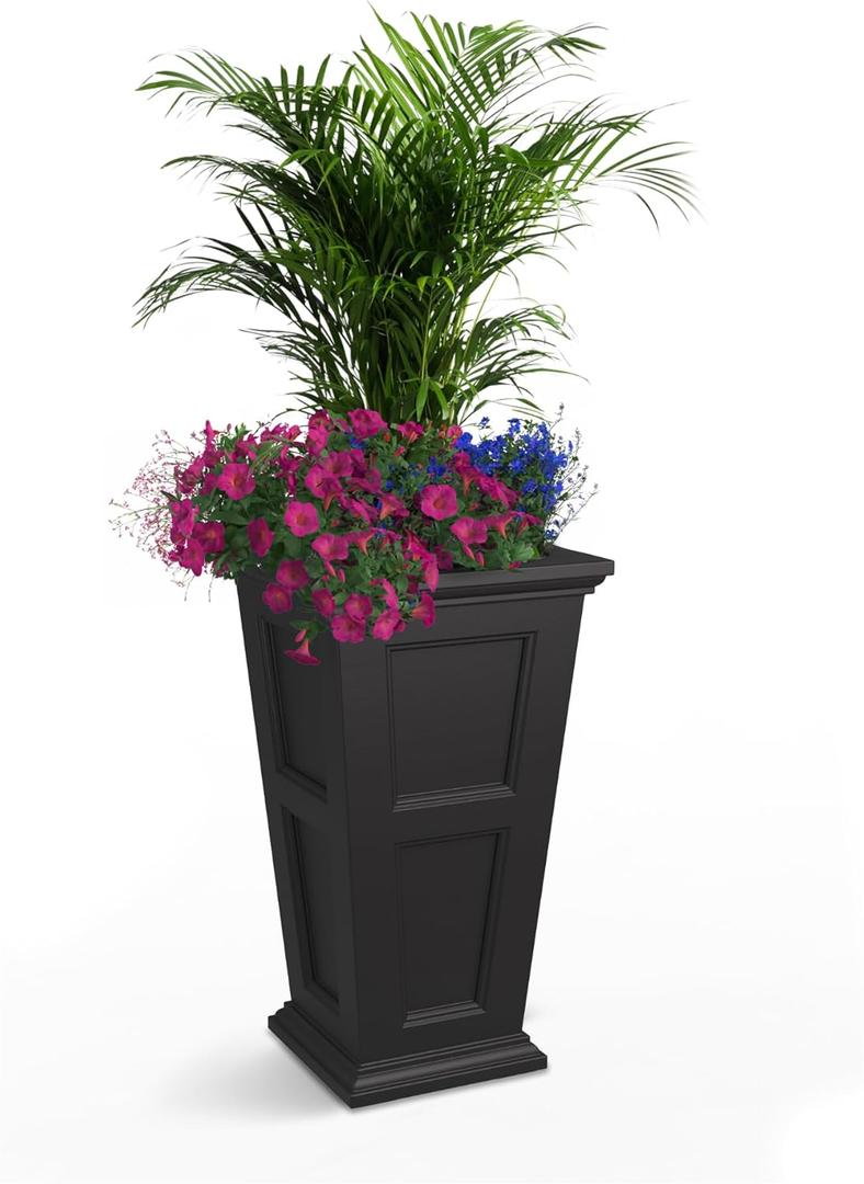 Mayne Fairfield 28-Inch Tall Planter  Self-Watering, Weather-Resistant Planter for Flowers  Durable Outdoor Design for Patio, Porch, or Entryway (Black)