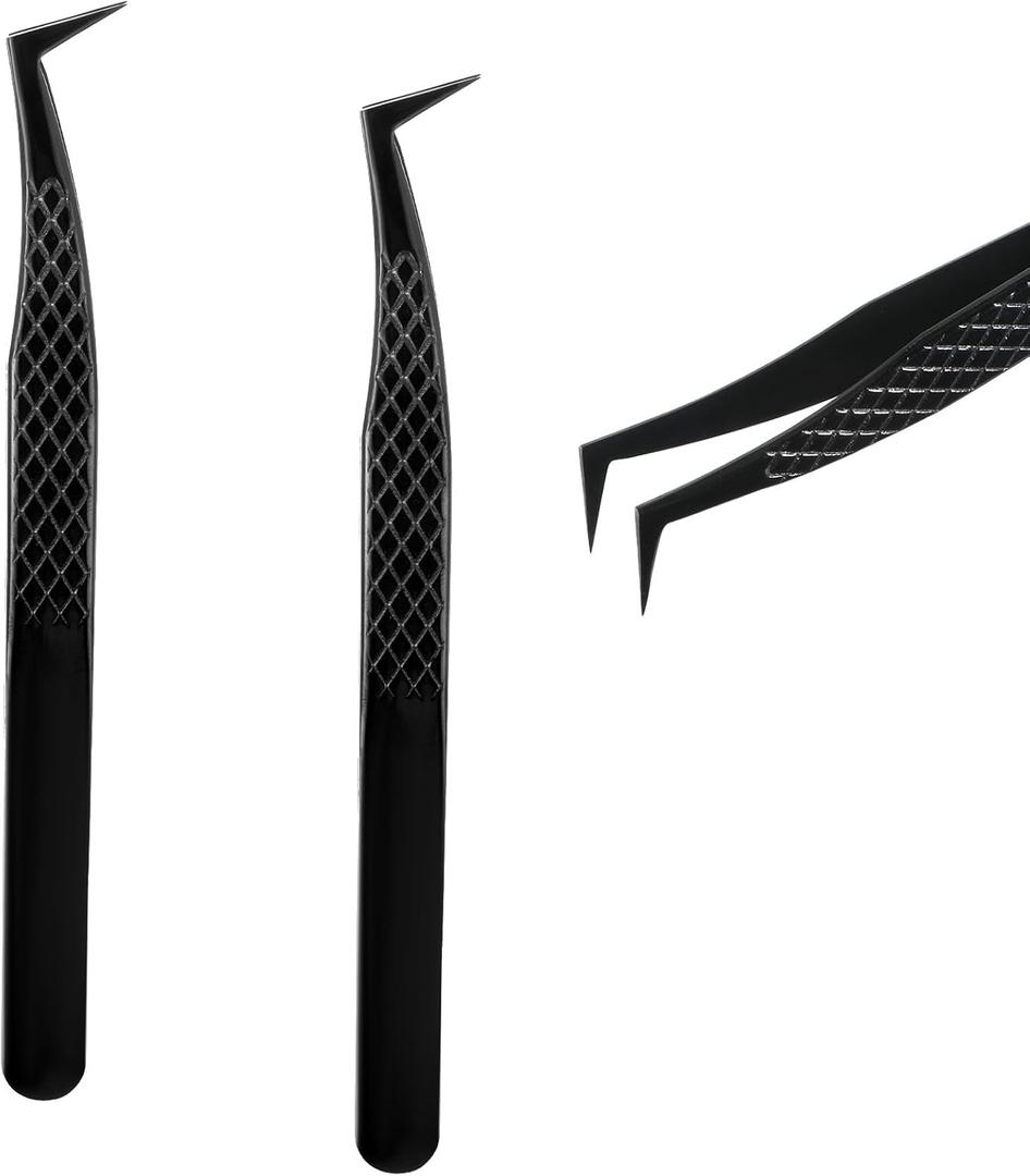 2 Pcs Stainless Steel Eyelashes Tweezer, Lash Tweezers for Eyelash Extensions, 90 Degree Fiber Tip Volume Lash Extension Tweezers for Volume and Classic Lashes