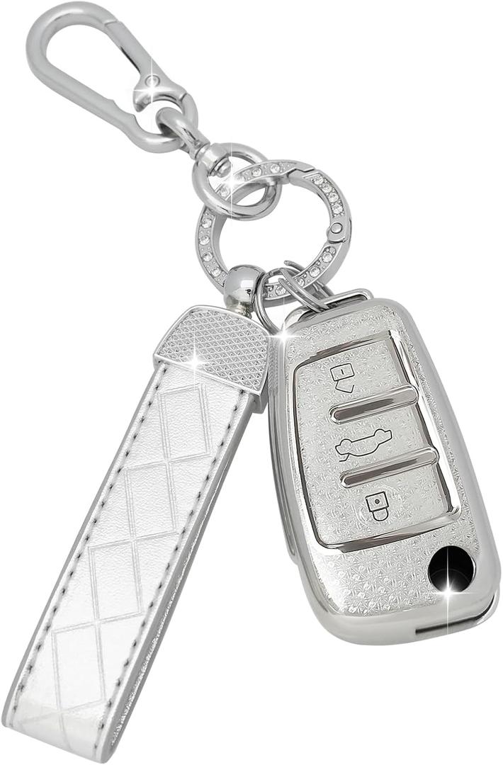 Seedwee for Chevy 5 Button Key Fob Cover, Soft TPU Keys Protector Bling Key Fob Keychain for Equinox Camaro Cruze Malibu Sonic Buick Terrain Smart Key, Silver Clear