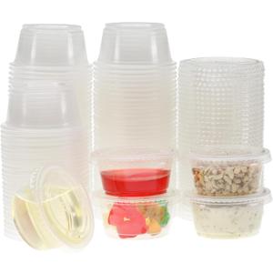 Freshware Plastic Portion Cups with Lids [2 Ounce, 400 Set] Disposable Plastic Cups for Meal Prep, Salad Dressing, Jellos Shot Cups, Souffle Cups, Condiment and Dipping Sauce Cups