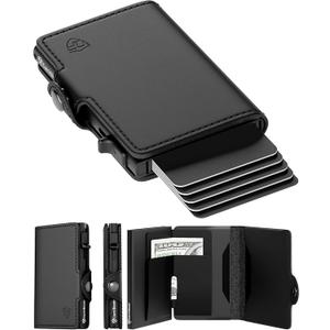 Conceal Plus Card Blocr Pop Up Wallet for Men - Slim Metal RFID Blocking Card Holder (4-6 Cards Ejector) - Minimalist Smart Front Pocket Wallet with Internal Cash + ID Storage (Black Genuine Leather)