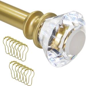 Gold Shower Curtain Rod 34-82 Inch, Tension Shower Curtain Rod No Drill-Adjustable 34-82 Inches with 12 Shower Curtain Rings-No Drill, Rust Proof, Non-Slip with Acrylic Finials