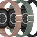 Slim Stretchy Band Compatible with Apple Watch Bands 40mm 41mm 42mm 38mm 44mm 45mm 46mm 49mm Women Men, Thin Skinny Elastic Nylon Solo Loop Strap for iWatch Series 10 9 8 7 6 5 4 3 11 Ultra SE 2/3 (BlackRoseGold/Cactus/Pink)