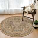 Gold Brown 3ft Small Round Rug for Entryway Indoor, Vintage Washable Area Rug for Kintchen, Bathroom - Non Slip with Rubber Backing, Floral Pattern Low Pile Soft Carpet