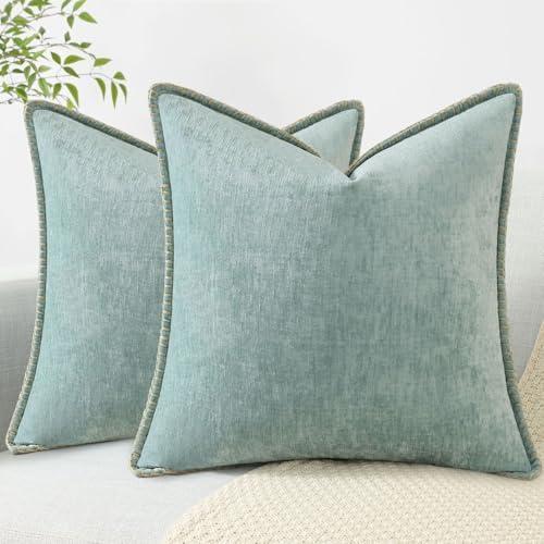decorUhome Chenille Soft Throw Pillow Covers 18x18 Set of 2, Farmhouse Velvet Neutral Decorative Pillow Covers with Stitched Edge for Couch Sofa Bed Home Decor, Aqua Haze