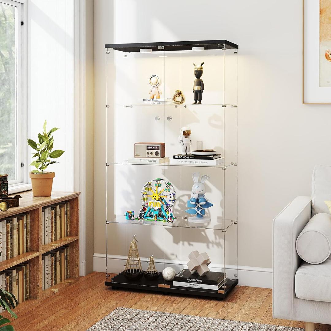 Tempered Glass Display Cabinet with Lights, 4-Tier Curio Cabinet with Glass Doors and Lock, Glass Display Case for Collectibles, for Living Room, Bedroom, Office, Black, Double Door