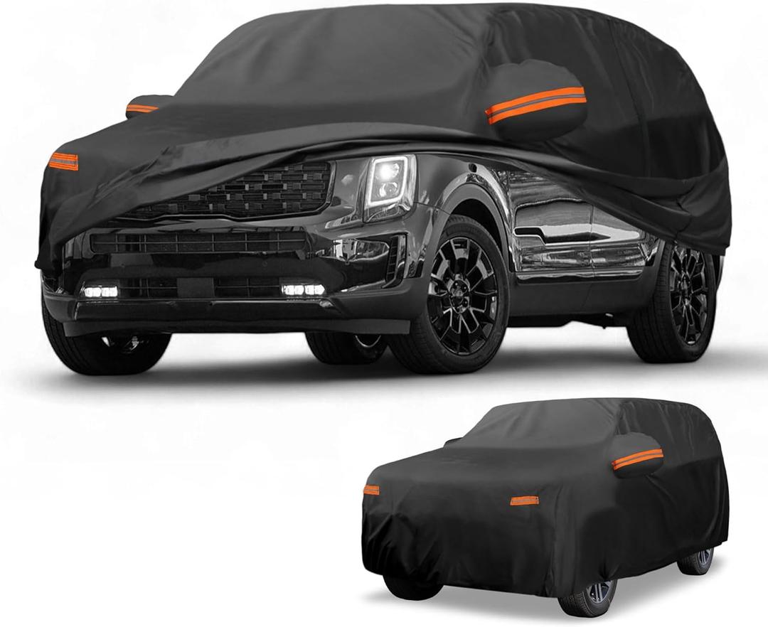 Car Cover Waterproof All Weather Sun Rain Protection Full Exterior Cover for Kia Telluride Black with Left Side Zippers