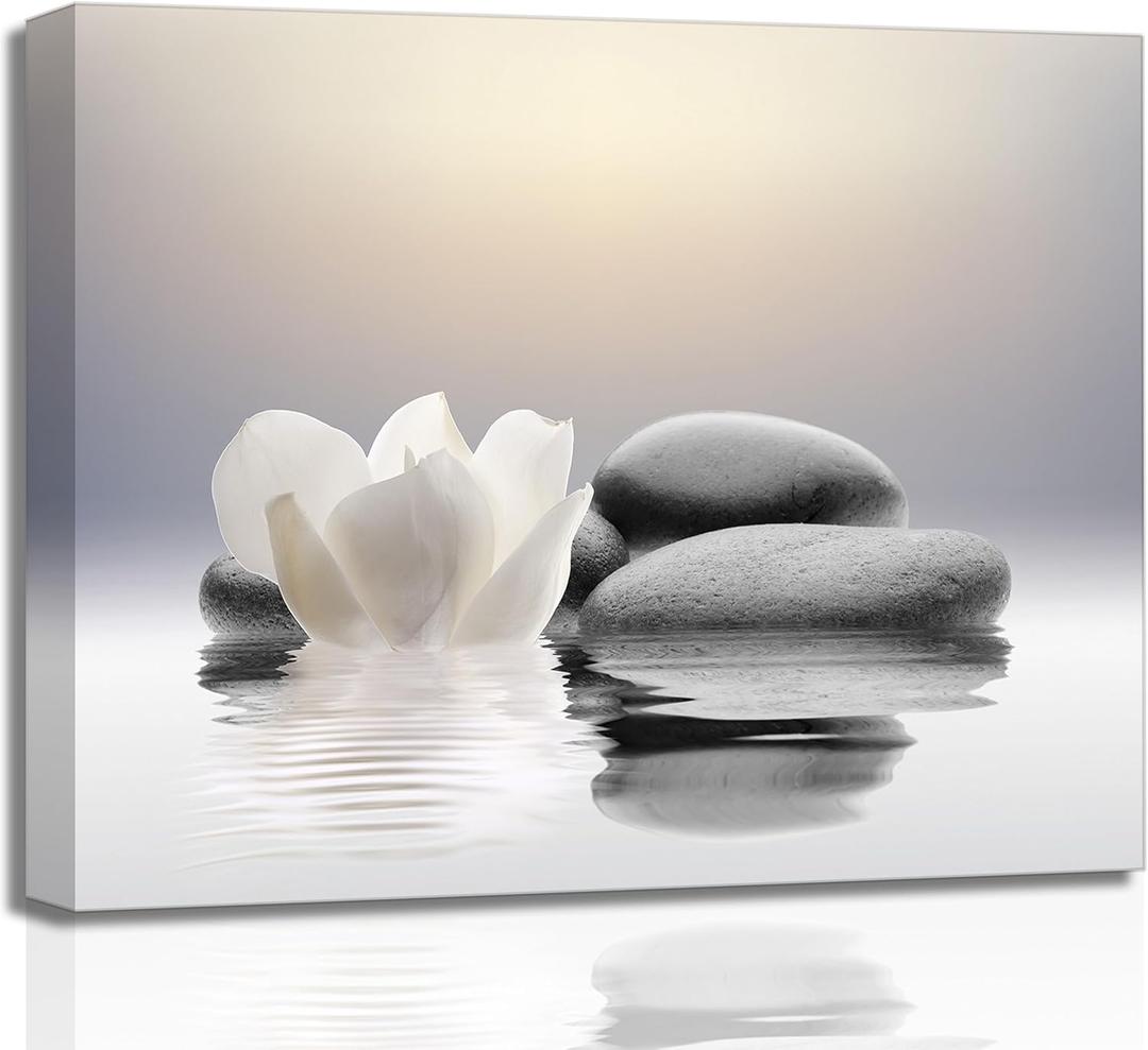 Zen Canvas Wall Art white Lotus Flowers and Black Massage Stones Spa Picture Wall Decor Poster Print Suitable for Yoga Meditation Room Bathroom Bedroom Study Home Decoration (24"L x 16"W)