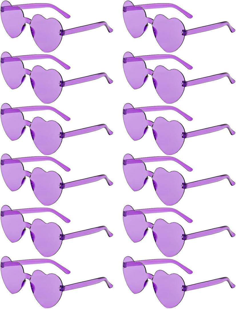 12 Pairs Heart Shaped Sunglasses Candy Color Rimless Fun Heart Glasses for Women Party Favors (Purple)