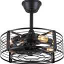 Dannilong Caged Ceiling Fans with Lights and Remote, Industrial Black Ceiling Fan Bladeless, Small Ceiling Fan with Light for Kitchen Bedroom Outdoor, 18 Inch Black Fandelier, Reversible Quiet Motor