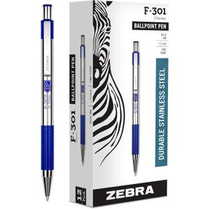 Zebra Pen F-301 Ballpoint Fine Point 0.7mm Stainless Steel Retractable Ballpoint 12-Pack  Easy-Glide Ink, Non-Slip Grip, Metal Clip, Refillable with F-Refill, Professional Design (27120)