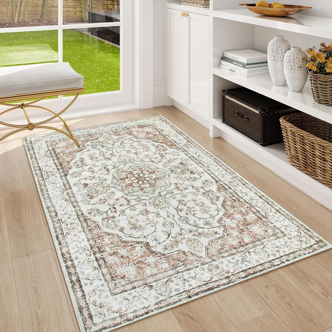 Lahome Oriental Throw Rug,3x5 Kitchen Rugs Non-Slip Washable,Ultra-Thin Boho Entryway Rug Indoor Entrance,Traditional Vintage Bathroom Rugs and Mats Soft for Bedroom Living Room Helena,Terracotta