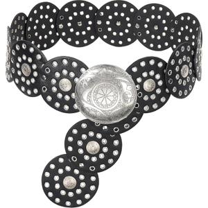 Wide Disc Belt for Women Vintage Hollow Boho Leather Belt Western Chunky Waist Belt Cowboy Metal Buckle Concho Belts (L: 135cm/53.1in, Silver Black)