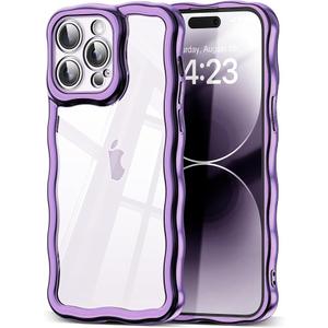 SKYLMW Compatible with iPhone 14 Pro Case, Kawaii Cute Curly Wave Frame Luxury Plating Edge, Stylish Glossy Clear Back, Soft TPU Shockproof Protective Cases for iPhone 14 Pro, Purple