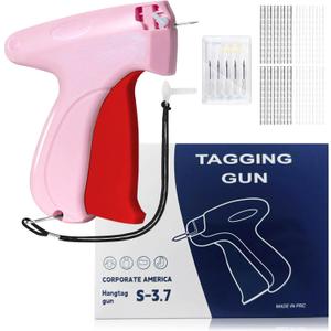 Fast Sewing Gun for Clothes and Fabrics, Compact Sewing Gun for Quick Repair, tag Gun for Clothes, containing 6 Stitches, 500 Black and 500 White 5mm Mini Fasteners pink red