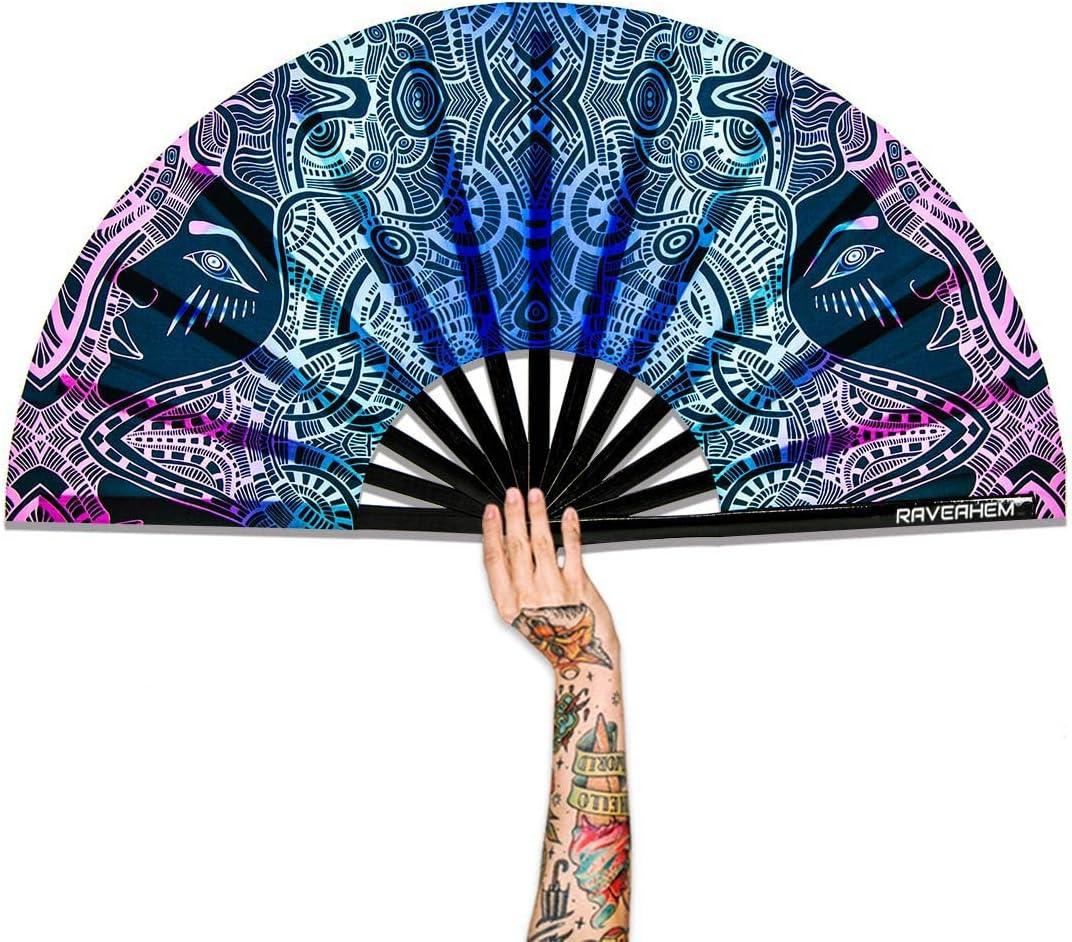 UV Glow Rave Fan, Bamboo Folding Clack Hand Fans Foldable for Men Women, Poping Fan for EDM Festival Line Dance Decoration, (Kaleidoscope Girls, Large 13")