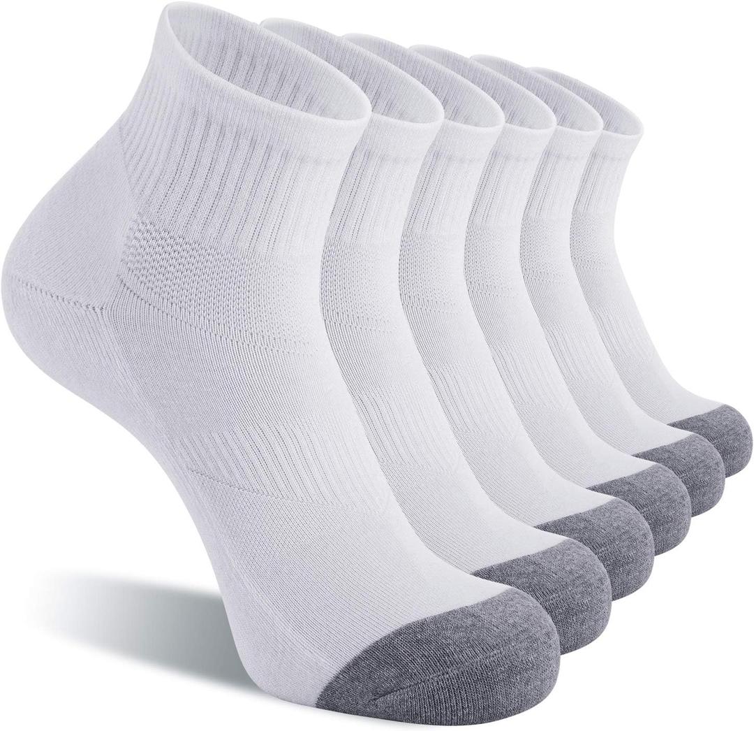 CS CELERSPORT 6 Pack Men's Ankle Socks with Cushion Athletic Running Socks (9-12, White)
