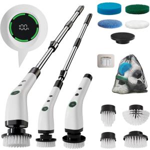 Electric Bathroom Cleaning Brush, Cordless Spin Scrubber Full Body Waterproof IPX7 with Adjustable Handle, 8 Replaceable Brush Heads for Bathtub/Kitchen/Window/Home -SD-CTB01 (Extended)