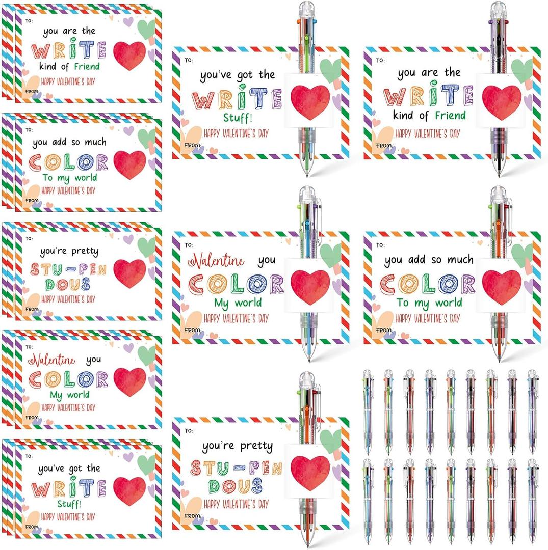 Sabary 18 Set Valentines Day Card and Multicolor Pen Gift Greeting Card and Retractable Multicolored Pen for Kids School Valentine's Day Student Classroom Exchange Gift Party Favor (Clear,6-in-1)