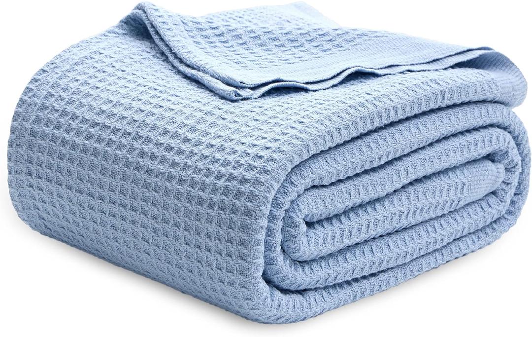 Bedsure 100% Cotton Blanket Queen Size for Bed - Breathable and Soft, Waffle Weave Blanket for Summer Spring, Sky Blue, 90x90 Inches