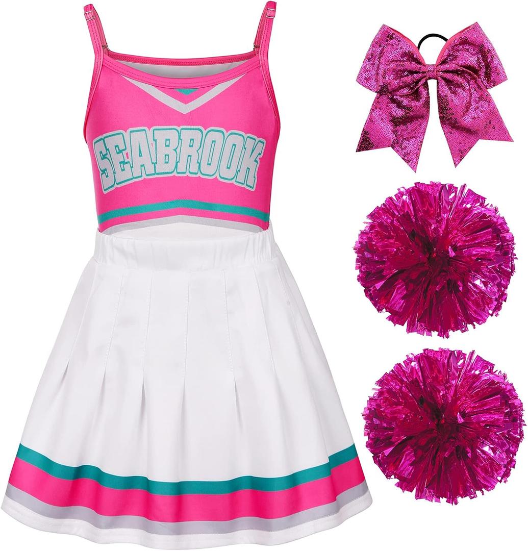 Koatobbor Girls Cheerleader Costume Halloween Party Dress Up with Accessories (5-6 Years, Pink)