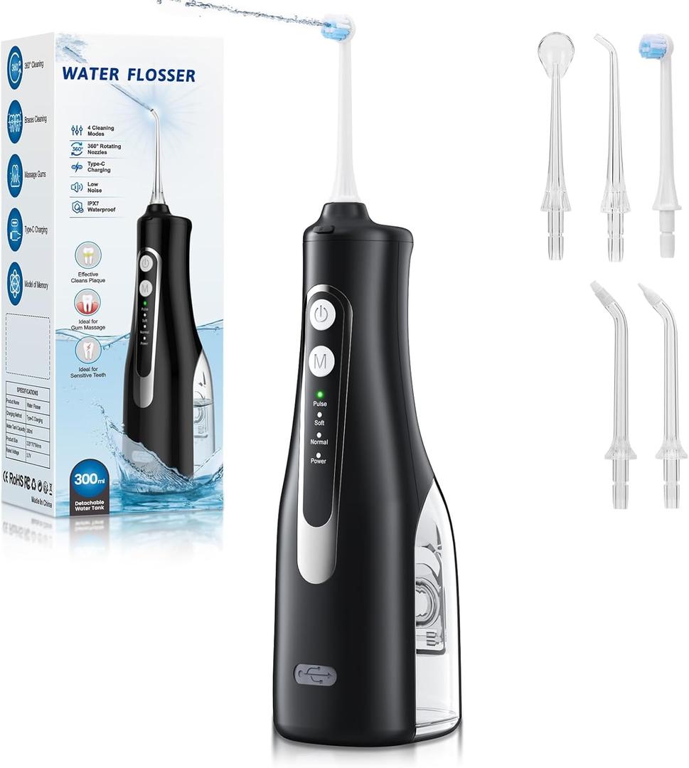 Water Dental Flosser 300ML Portable - 4 Modes Cordless Oral Irrigator - Rechargeable IPX7 Waterproof - Water Dental Piks for Cleaning for Home Travel