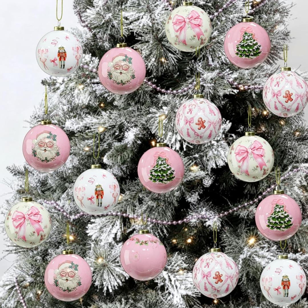 Chunful 18 Pcs Pink Bow Christmas Tree Ball Ornaments 2.4 Inch Pink Bow Shatterproof Nutcrackers Gingerbread Men Cane Pattern Hanging Decoration for Christmas Tree Decorations Coquette Party Supplies