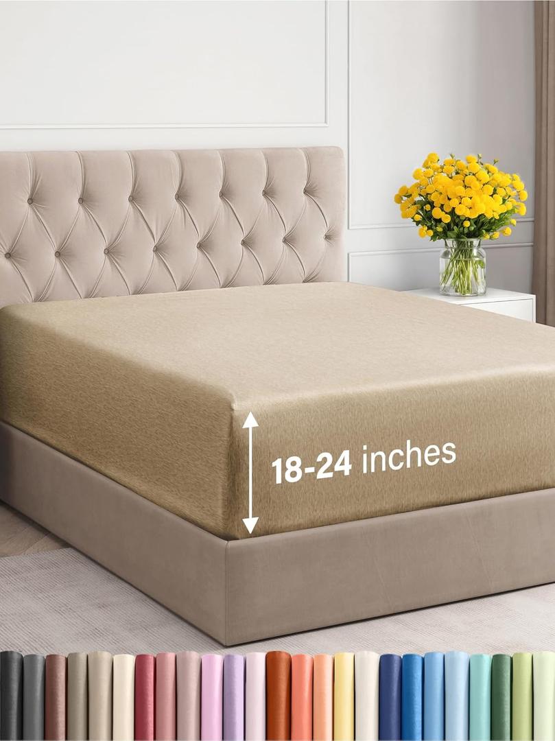 Extra Deep King Fitted Sheet - Hotel Luxury Single Fitted Sheet Only - Easily Fits 18 inch to 24 inch Mattress - Ultra Soft, Wrinkle Free with Extra Deep Pockets - Breathable & Comfy - Heathered Tan (11 - Heathered Tan)