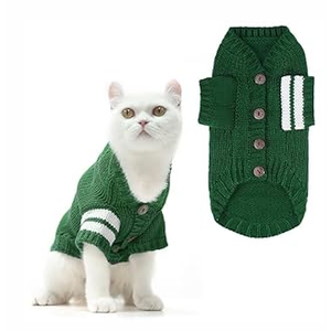 EXPAWLORER Cat Sweater for Cold Weather - Stylish Knitted Cat Clothes, Soft Cat Sweatshirt with Sleeve Warm Clothing, Fall and Winter Kitten Clothes for All Different Cats (Small, Green)