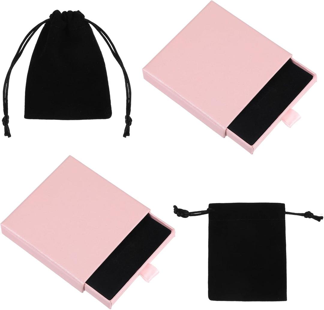 2 Pack Pink Jewelry Gift Boxes with 2pcs Black Velvet Drawstring Bags, 3.54×3.54×0.66 Inch, Drawer Type Jewelry Organizer Box for Women for Necklaces Ring Bracelets Earrings